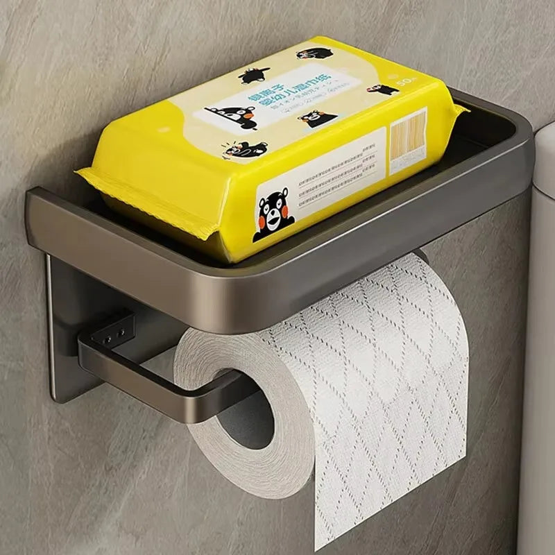 Black Gold Toilet Paper Holder Bathroom Wall Mount Multifunction WC Paper Phone Holder Shelf Towel Roll Shelf Accessories