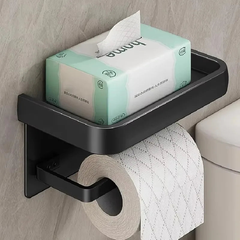 Black Gold Toilet Paper Holder Bathroom Wall Mount Multifunction WC Paper Phone Holder Shelf Towel Roll Shelf Accessories