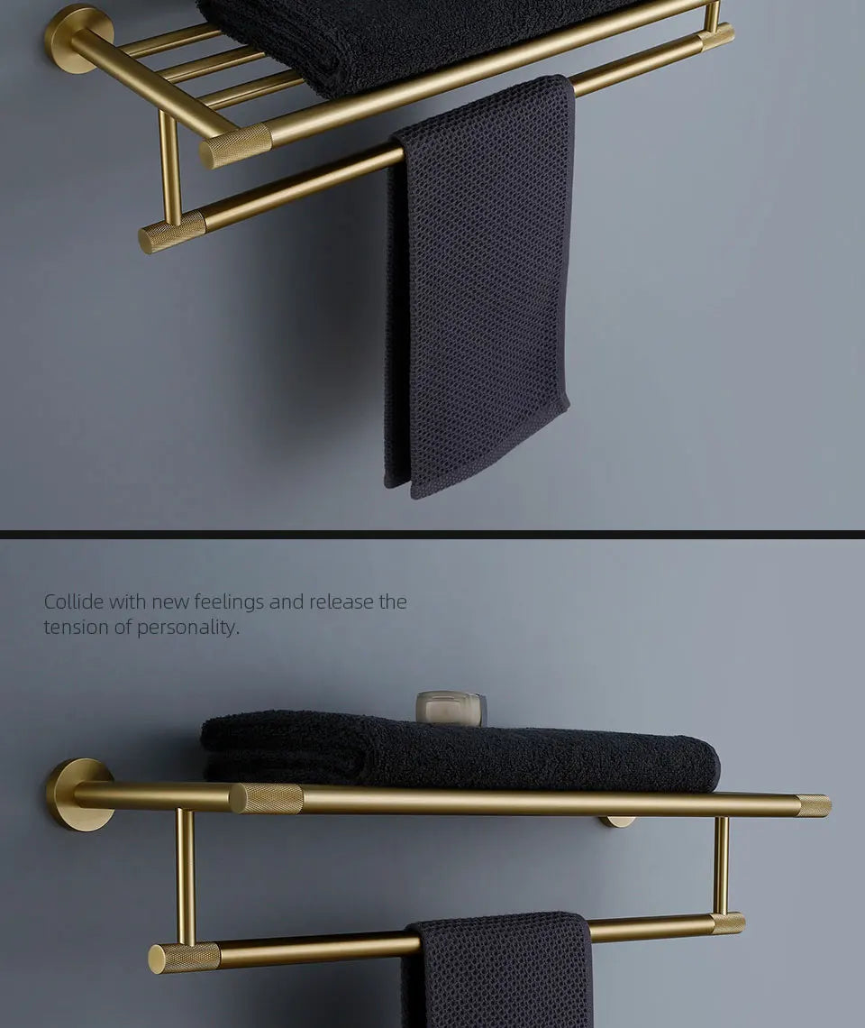 Bathroom Hardware Accessories Set Brushed Gold Knurled Brass Kit Towel Bar Ring Robe Hook Paper Holder Towel Ring Toilet Brush