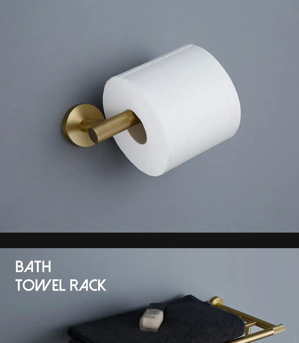 Bathroom Hardware Accessories Set Brushed Gold Knurled Brass Kit Towel Bar Ring Robe Hook Paper Holder Towel Ring Toilet Brush