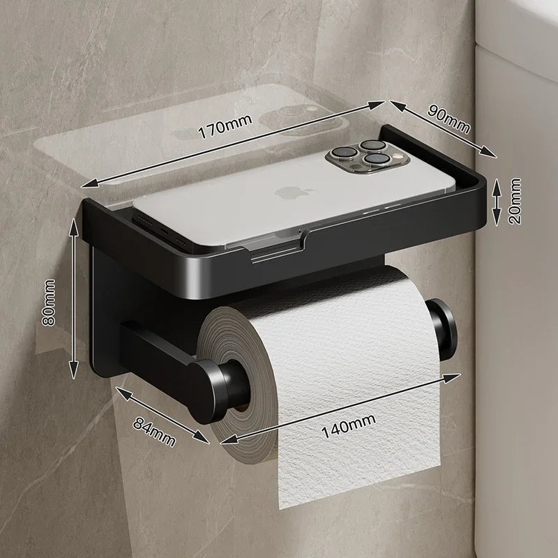 Black Gold Toilet Paper Holder Bathroom Wall Mount Multifunction WC Paper Phone Holder Shelf Towel Roll Shelf Accessories
