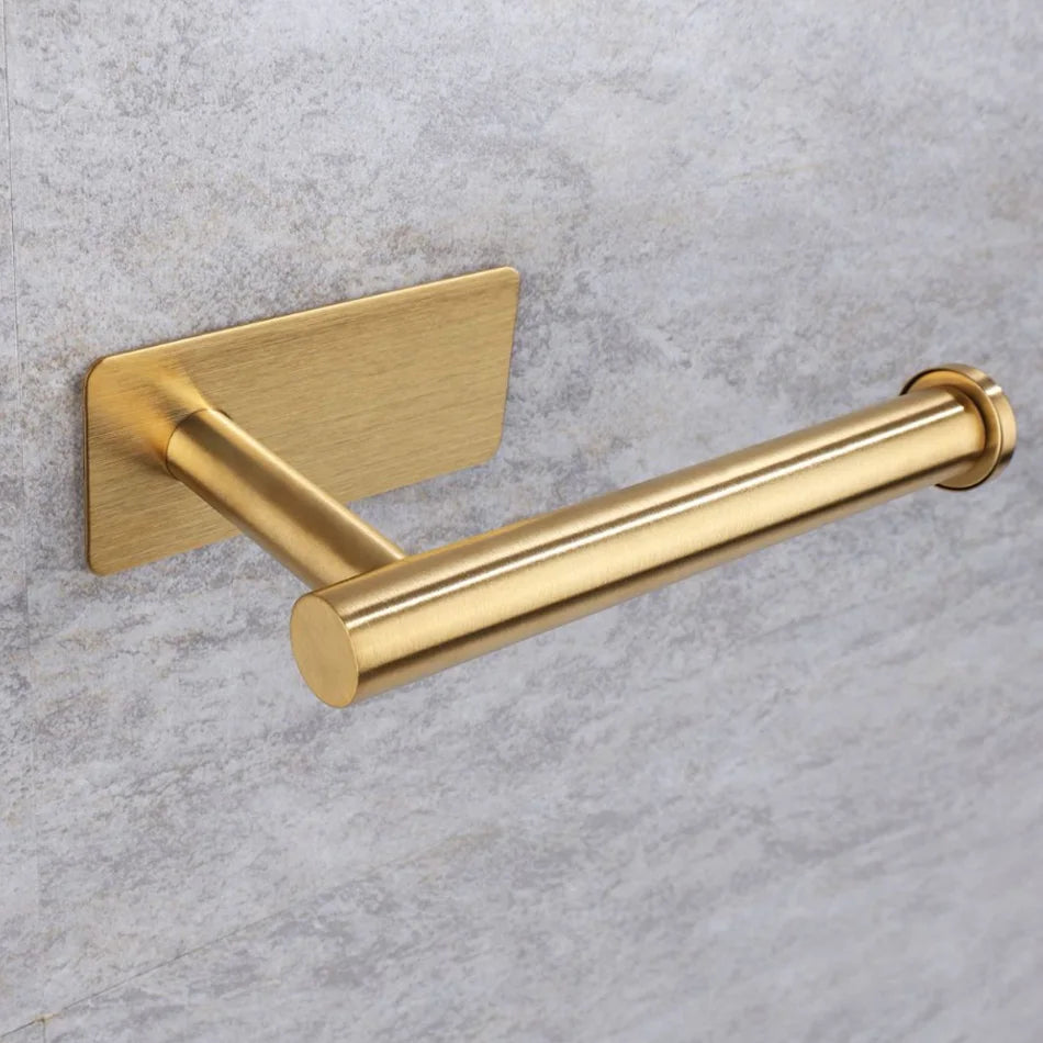 Stainless Steel Paper Holder White Adhesive Wall Mount Stand Kitchen Bathroom Toilet Paper Towel Tissue Roll Shelf Brushed Gold