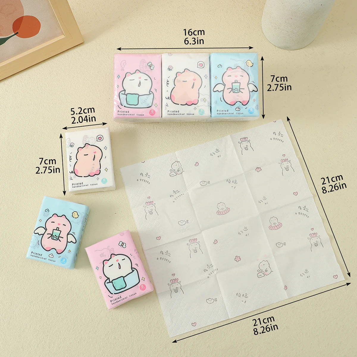9pcs/pack Fashionable Lucky Cat Handkerchief Paper Student Portable Small Pack Cartoon Printed Hand Tissue For Daily Cleaning