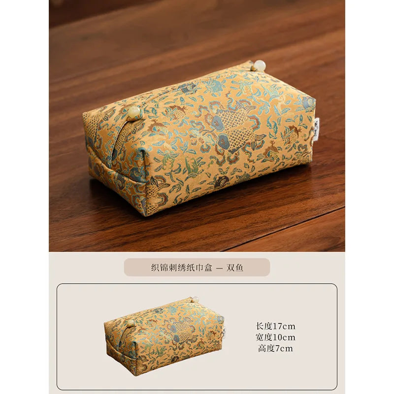 New Chinese Brocade Embroidery Fabric Tissue Box, Living Room Car Pumping Box, Tea Room Tissue Storage Box, Tissue Storage Bag