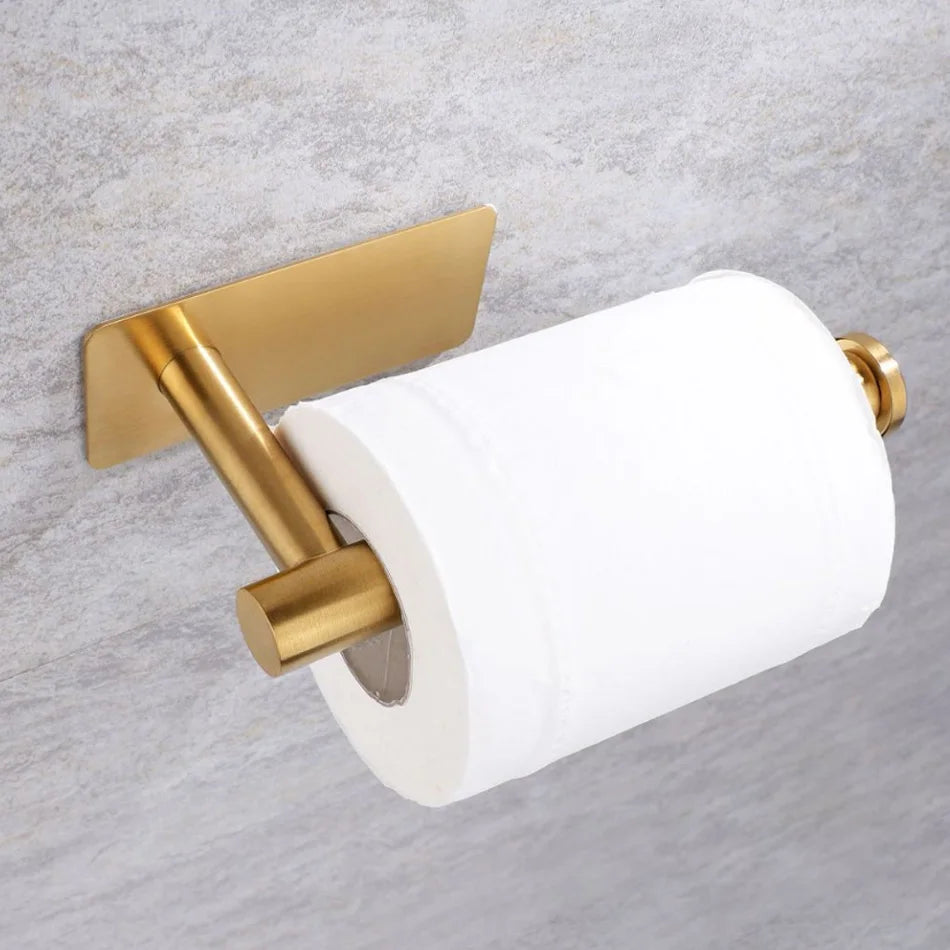 Stainless Steel Paper Holder White Adhesive Wall Mount Stand Kitchen Bathroom Toilet Paper Towel Tissue Roll Shelf Brushed Gold