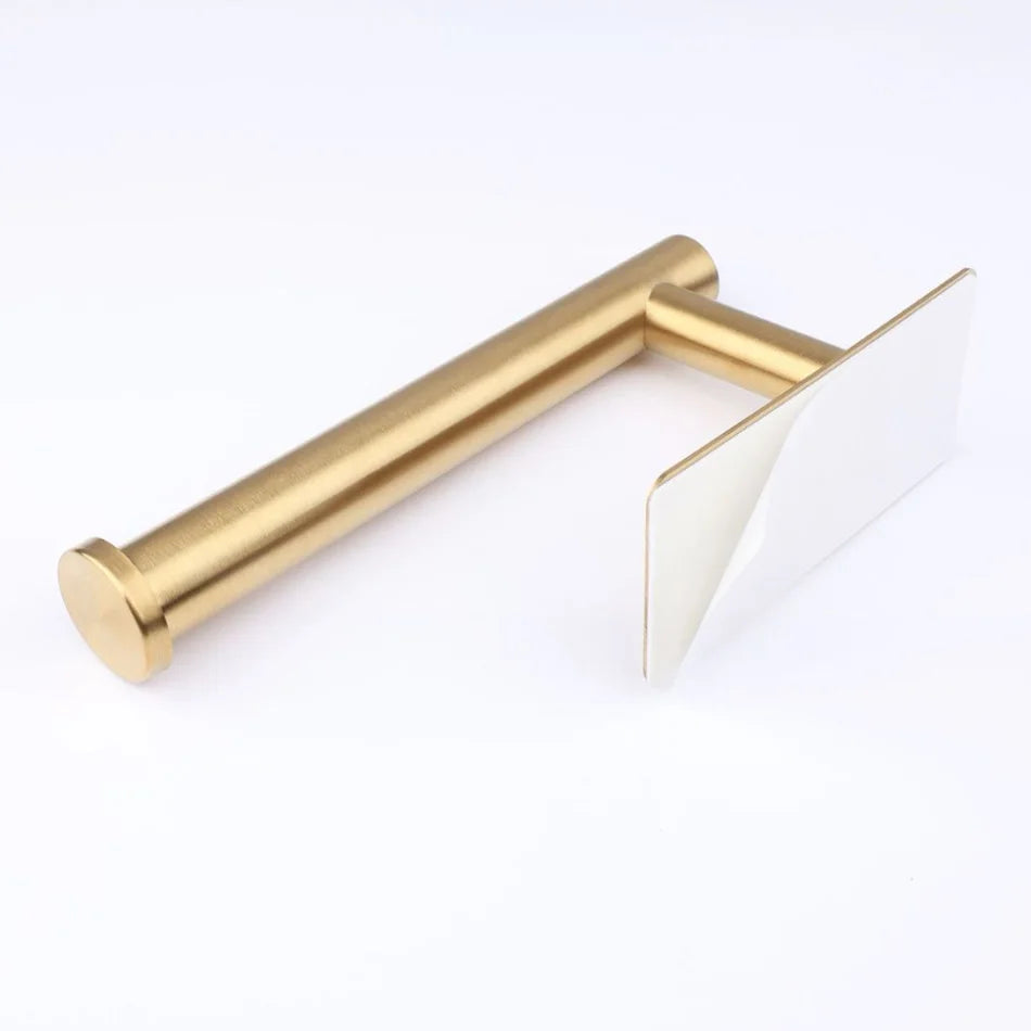 Stainless Steel Paper Holder White Adhesive Wall Mount Stand Kitchen Bathroom Toilet Paper Towel Tissue Roll Shelf Brushed Gold