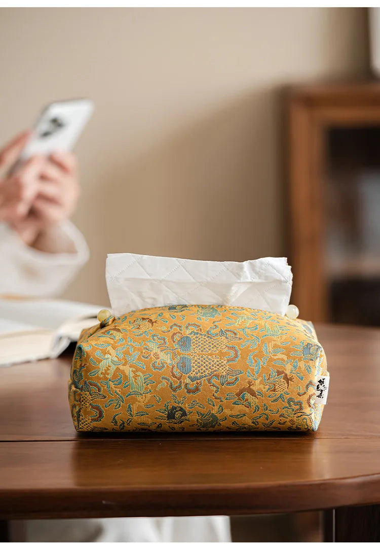 New Chinese Brocade Embroidery Fabric Tissue Box, Living Room Car Pumping Box, Tea Room Tissue Storage Box, Tissue Storage Bag