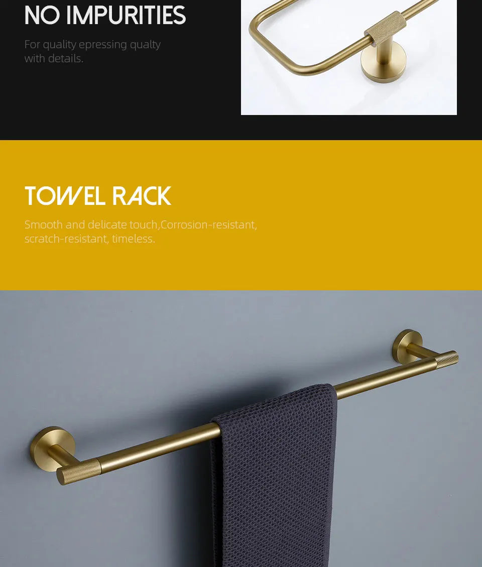 Bathroom Hardware Accessories Set Brushed Gold Knurled Brass Kit Towel Bar Ring Robe Hook Paper Holder Towel Ring Toilet Brush