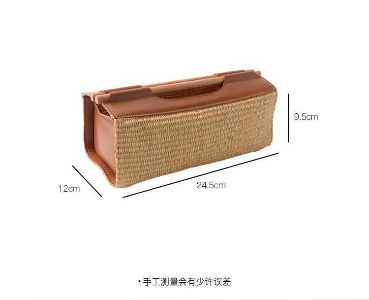 Seagrass Leather Napkin Holder Handwoven Tissue Storage Box French Style Elegant Table Decor Home Organizer Straw Wicker Design
