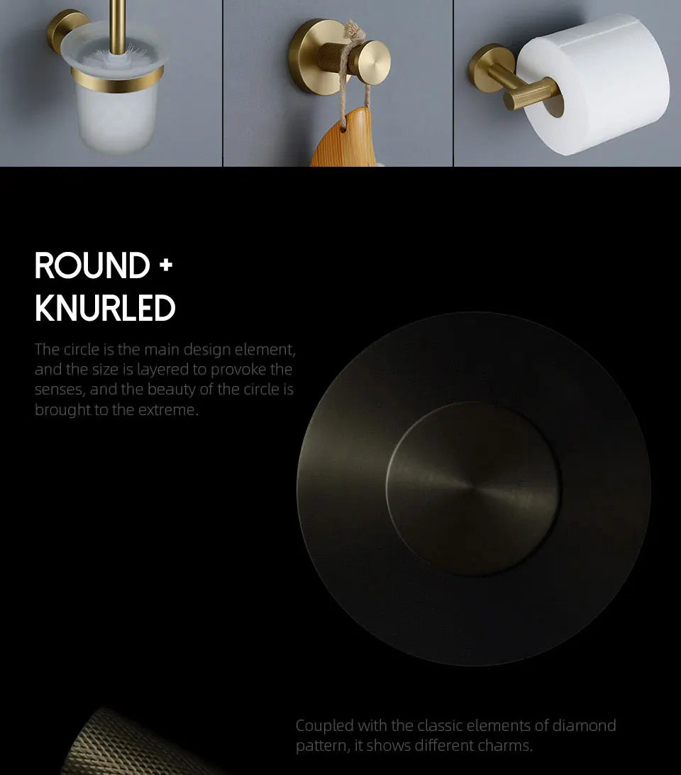 Bathroom Hardware Accessories Set Brushed Gold Knurled Brass Kit Towel Bar Ring Robe Hook Paper Holder Towel Ring Toilet Brush