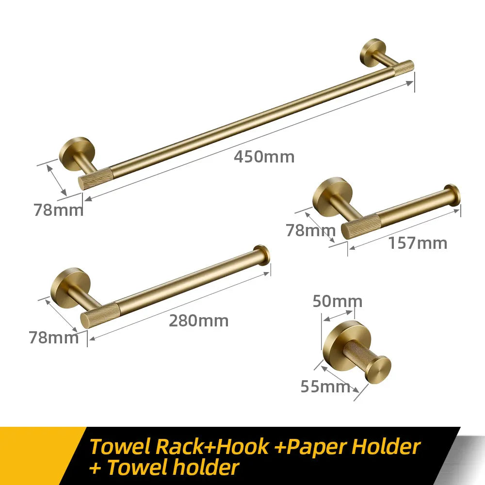 Bathroom Hardware Accessories Set Brushed Gold Knurled Brass Kit Towel Bar Ring Robe Hook Paper Holder Towel Ring Toilet Brush