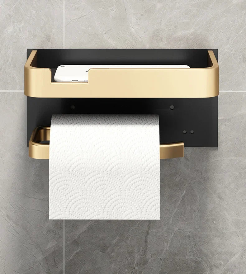 Black Gold Toilet Paper Holder Bathroom Wall Mount Multifunction WC Paper Phone Holder Shelf Towel Roll Shelf Accessories