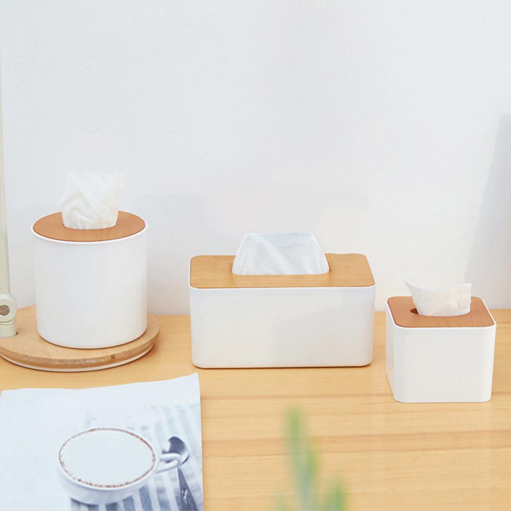 Plastic Tissue Box Wooden Lid Square Napkin Holder Container Wet Tissue Paper Dispenser Case Modern Home Car Organizer