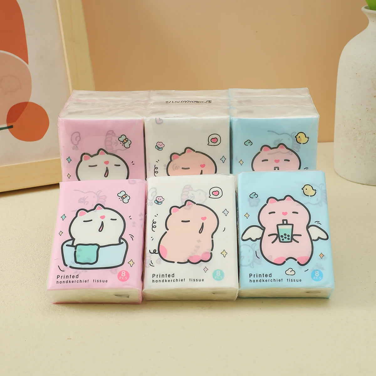 9pcs/pack Fashionable Lucky Cat Handkerchief Paper Student Portable Small Pack Cartoon Printed Hand Tissue For Daily Cleaning