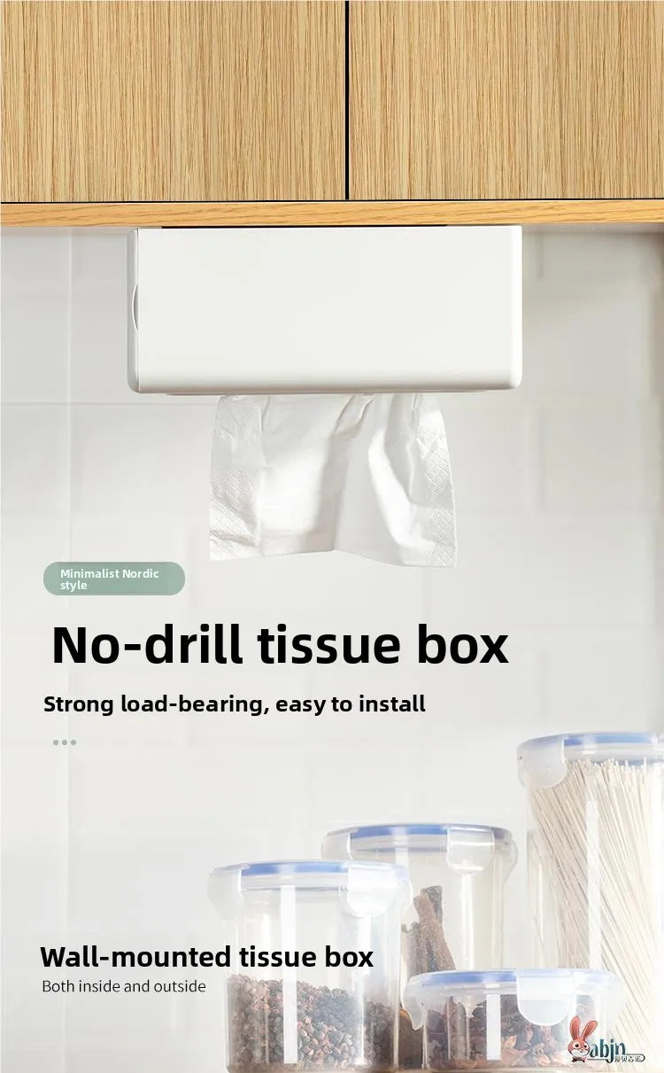 Wall-Mounted Tissue Box Kitchen Home Use Napkin Holder Storage Box Drop-In No-Punching Required Simple Rectangular Plastic De...