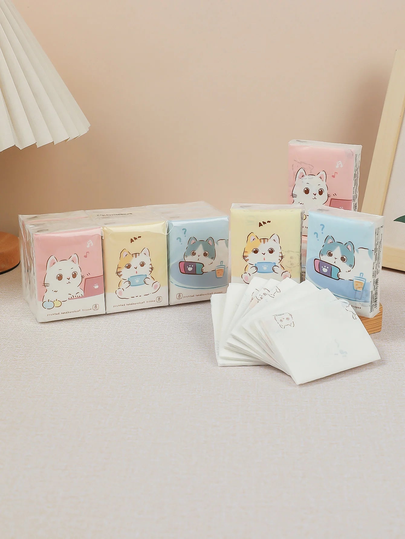 9pcs/pack Fashionable Lucky Cat Handkerchief Paper Student Portable Small Pack Cartoon Printed Hand Tissue For Daily Cleaning