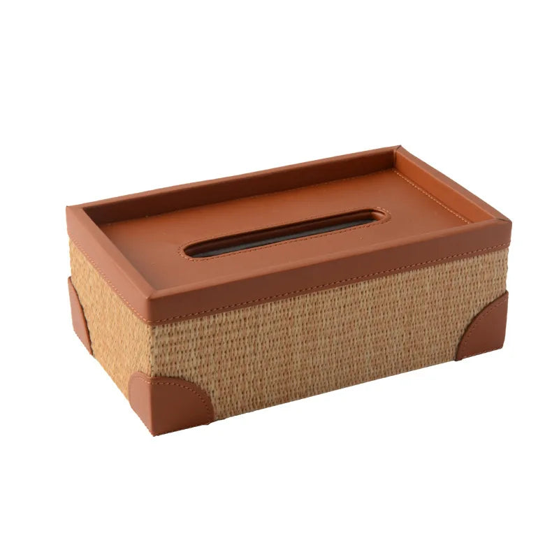 Seagrass Leather Napkin Holder Handwoven Tissue Storage Box French Style Elegant Table Decor Home Organizer Straw Wicker Design