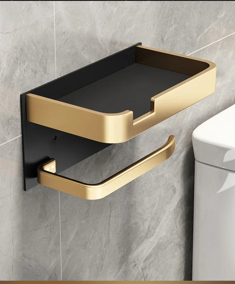 Black Gold Toilet Paper Holder Bathroom Wall Mount Multifunction WC Paper Phone Holder Shelf Towel Roll Shelf Accessories