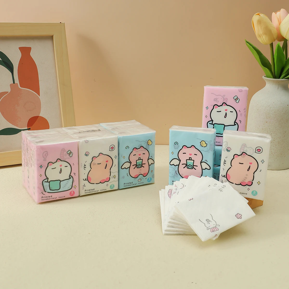 9pcs/pack Fashionable Lucky Cat Handkerchief Paper Student Portable Small Pack Cartoon Printed Hand Tissue For Daily Cleaning