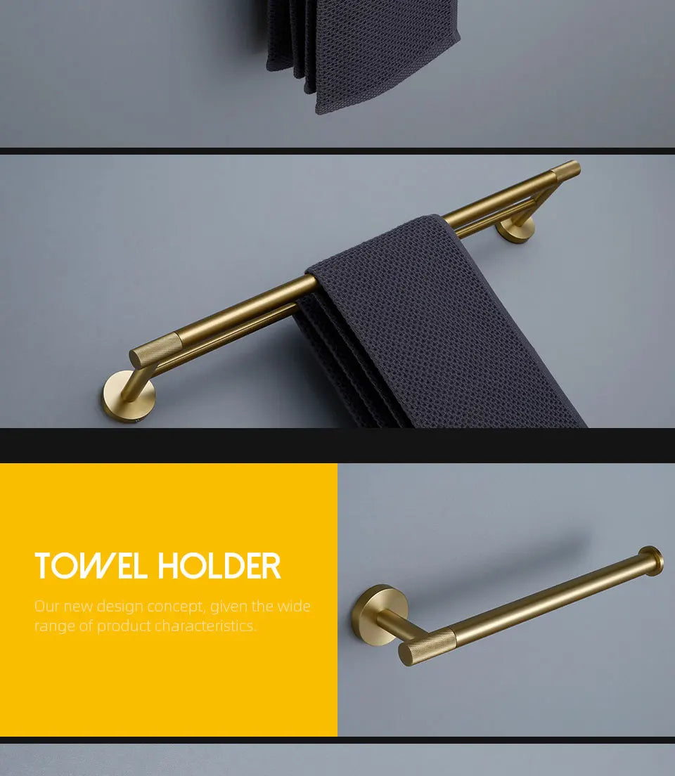 Bathroom Hardware Accessories Set Brushed Gold Knurled Brass Kit Towel Bar Ring Robe Hook Paper Holder Towel Ring Toilet Brush