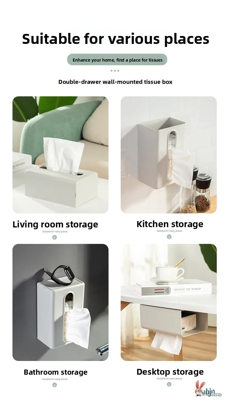 Wall-Mounted Tissue Box Kitchen Home Use Napkin Holder Storage Box Drop-In No-Punching Required Simple Rectangular Plastic De...