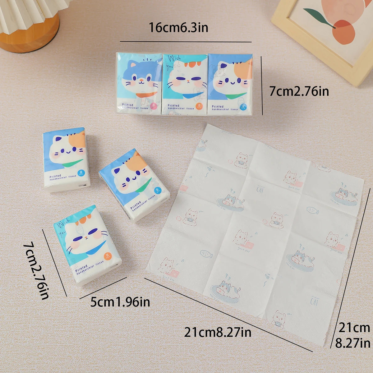 9pcs/pack Fashionable Lucky Cat Handkerchief Paper Student Portable Small Pack Cartoon Printed Hand Tissue For Daily Cleaning