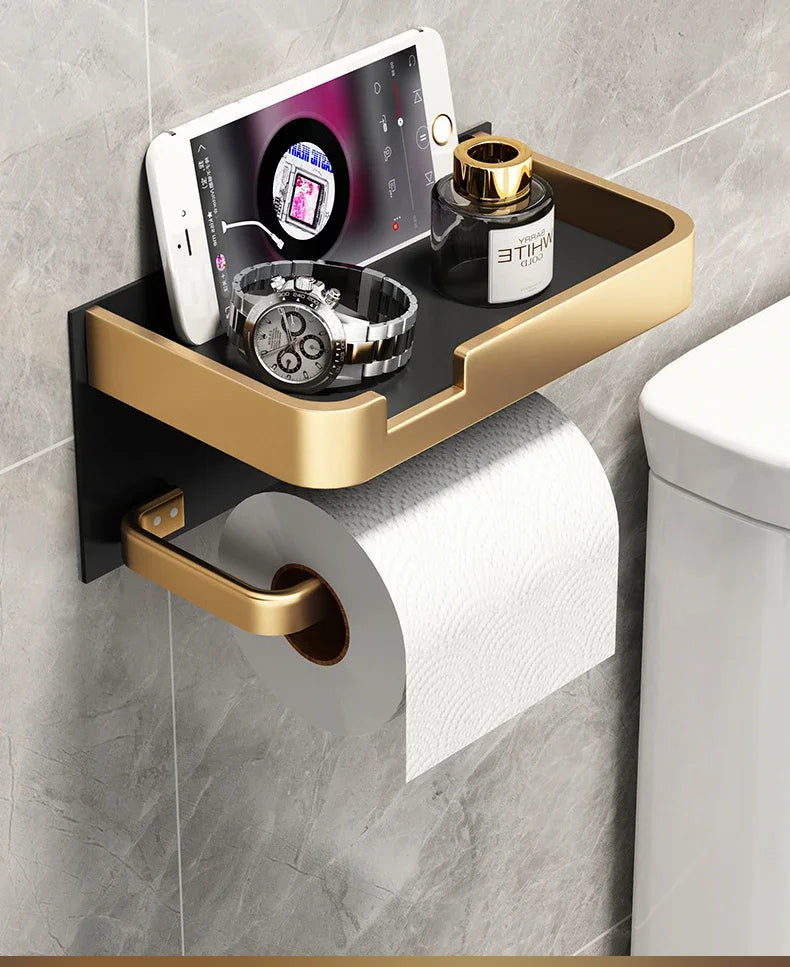 Black Gold Toilet Paper Holder Bathroom Wall Mount Multifunction WC Paper Phone Holder Shelf Towel Roll Shelf Accessories