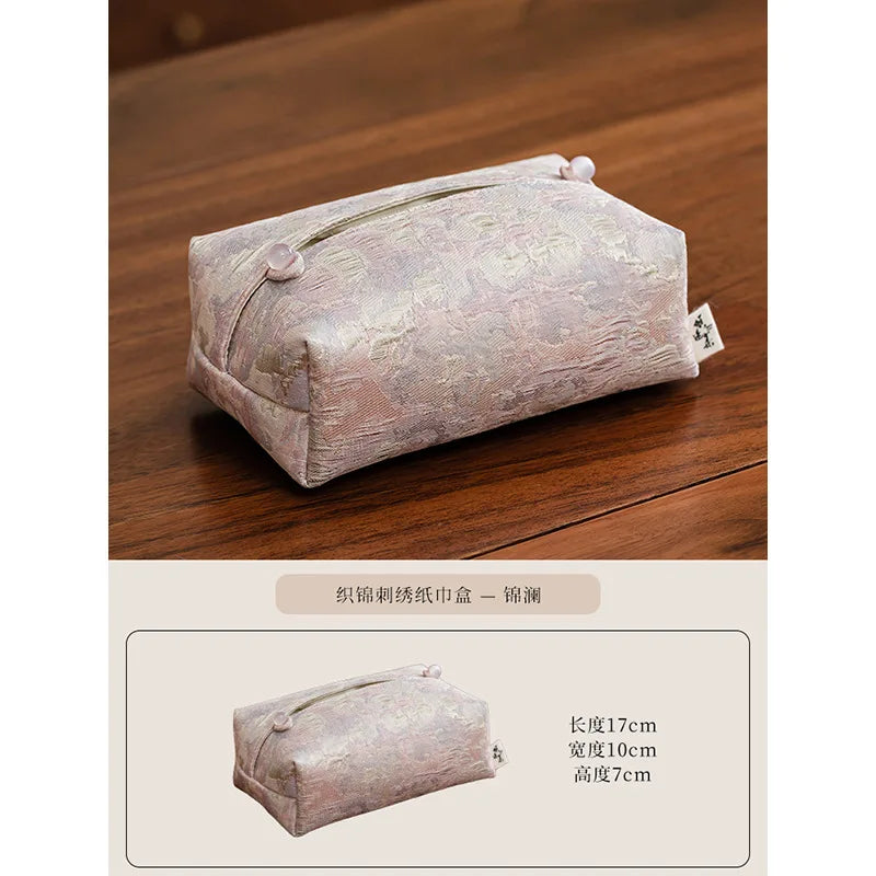 New Chinese Brocade Embroidery Fabric Tissue Box, Living Room Car Pumping Box, Tea Room Tissue Storage Box, Tissue Storage Bag