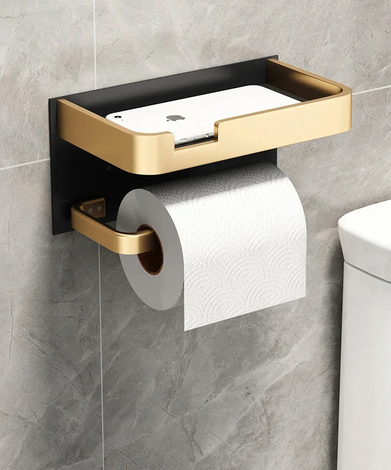 Black Gold Toilet Paper Holder Bathroom Wall Mount Multifunction WC Paper Phone Holder Shelf Towel Roll Shelf Accessories