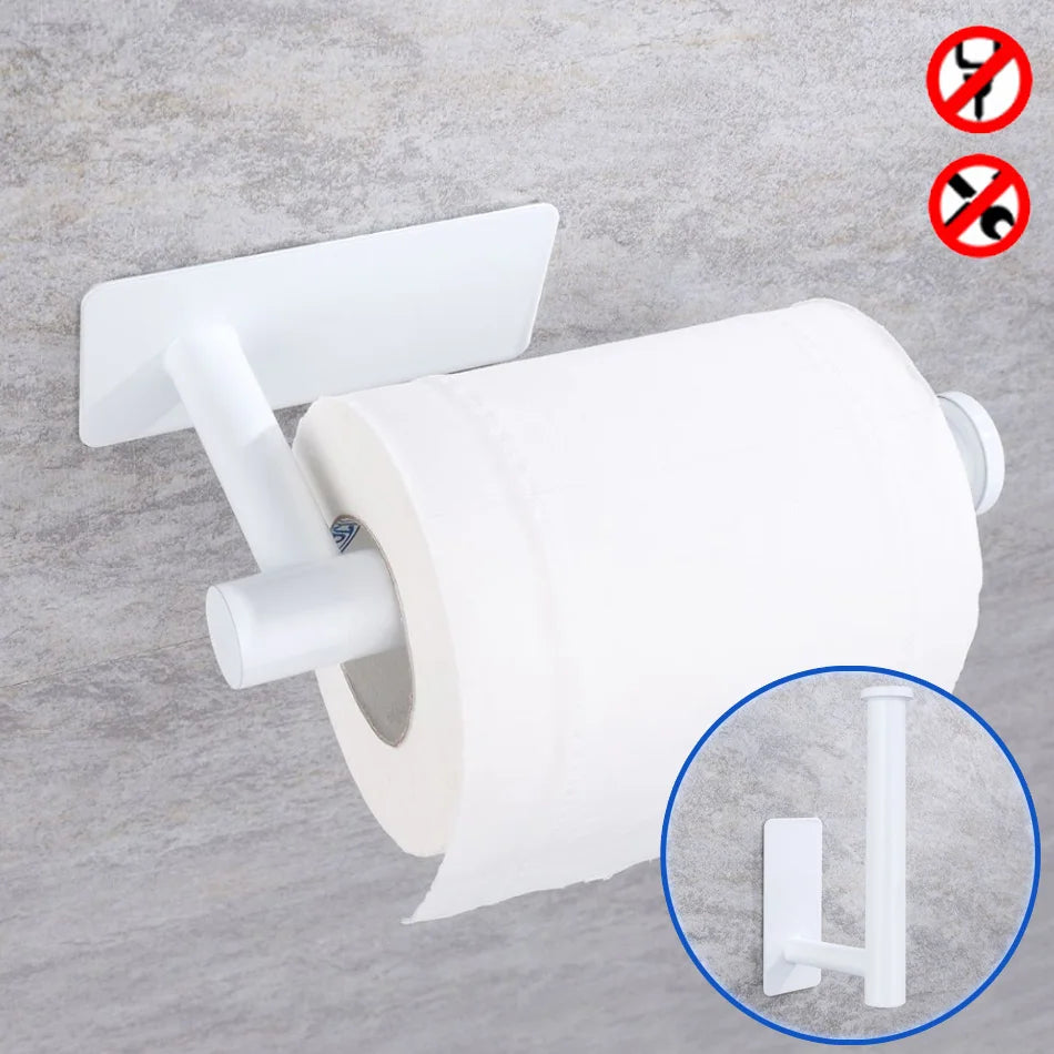 Stainless Steel Paper Holder White Adhesive Wall Mount Stand Kitchen Bathroom Toilet Paper Towel Tissue Roll Shelf Brushed Gold