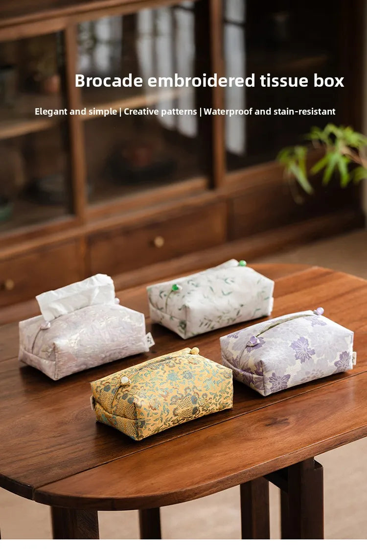 New Chinese Brocade Embroidery Fabric Tissue Box, Living Room Car Pumping Box, Tea Room Tissue Storage Box, Tissue Storage Bag