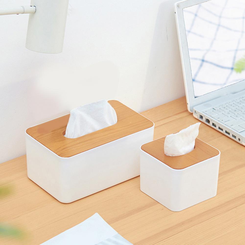 Plastic Tissue Box Wooden Lid Square Napkin Holder Container Wet Tissue Paper Dispenser Case Modern Home Car Organizer