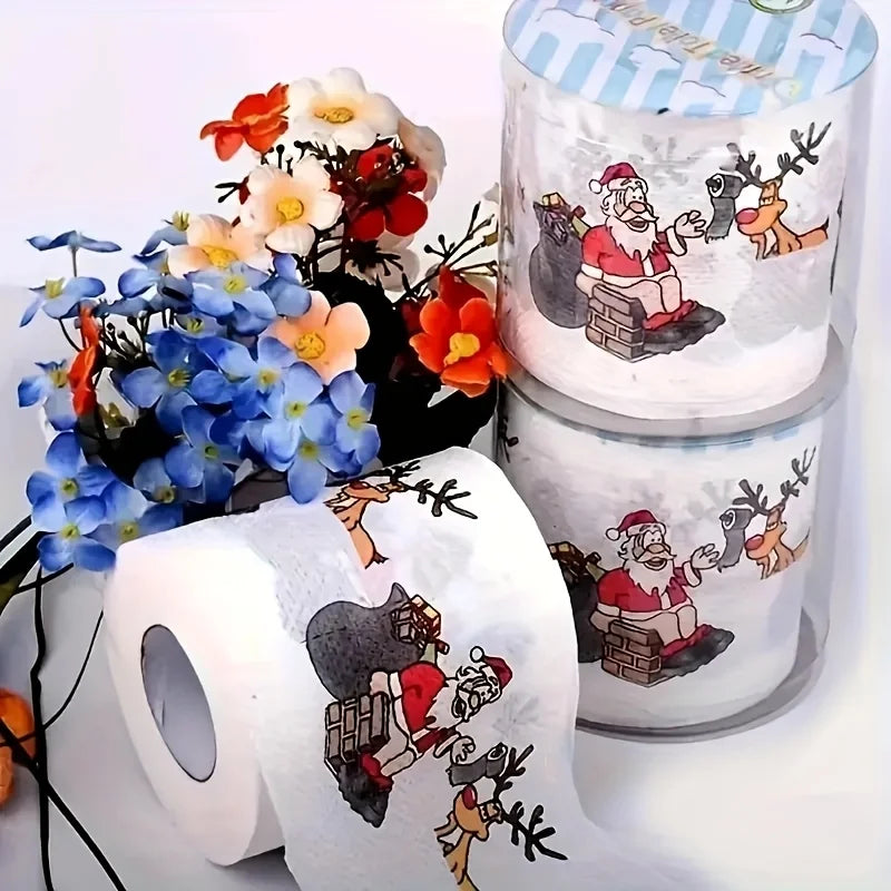 1Roll Santa and Reindeer Pattern Toilet Paper Roll - 3.94 "x 3.94" for Christmas and New Year home decor, party supplies