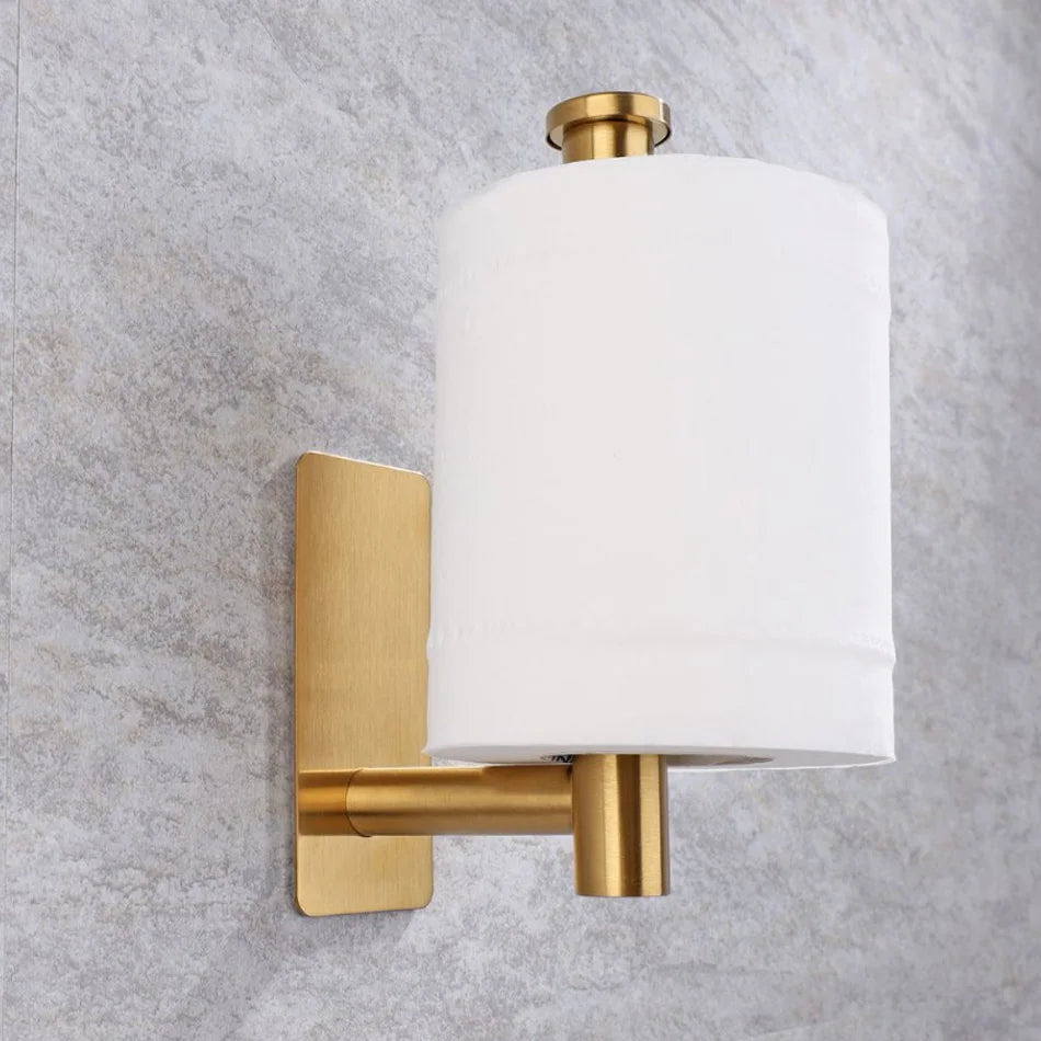 Stainless Steel Paper Holder White Adhesive Wall Mount Stand Kitchen Bathroom Toilet Paper Towel Tissue Roll Shelf Brushed Gold