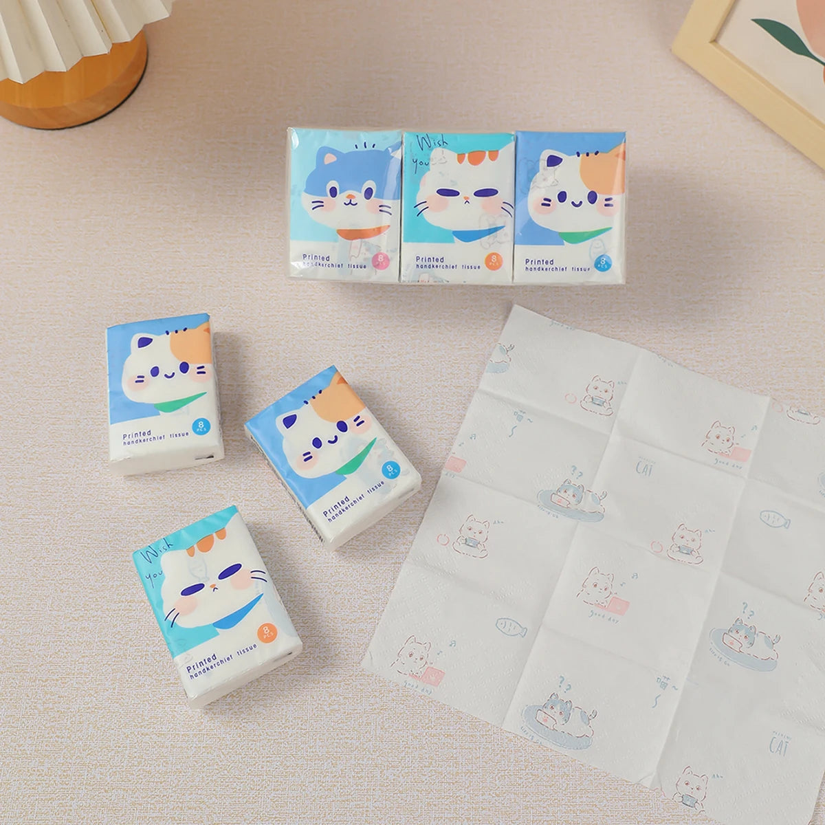 9pcs/pack Fashionable Lucky Cat Handkerchief Paper Student Portable Small Pack Cartoon Printed Hand Tissue For Daily Cleaning