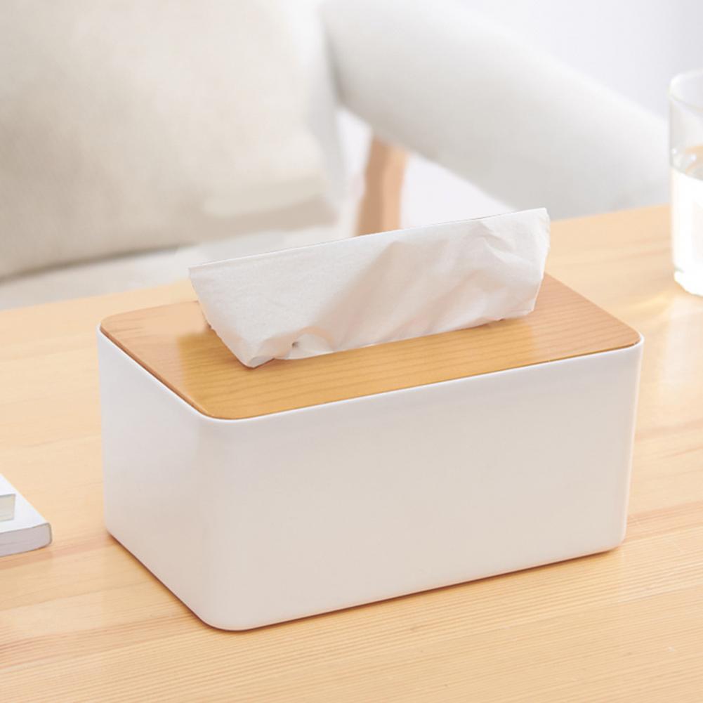 Plastic Tissue Box Wooden Lid Square Napkin Holder Container Wet Tissue Paper Dispenser Case Modern Home Car Organizer