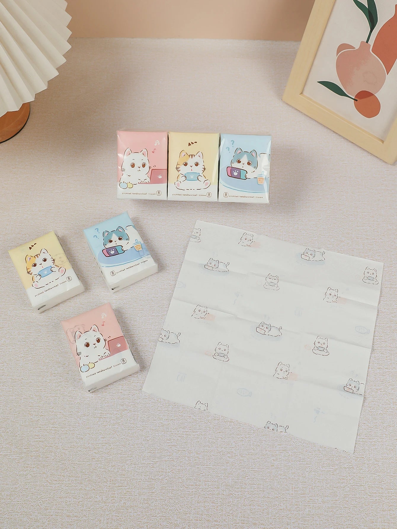 9pcs/pack Fashionable Lucky Cat Handkerchief Paper Student Portable Small Pack Cartoon Printed Hand Tissue For Daily Cleaning