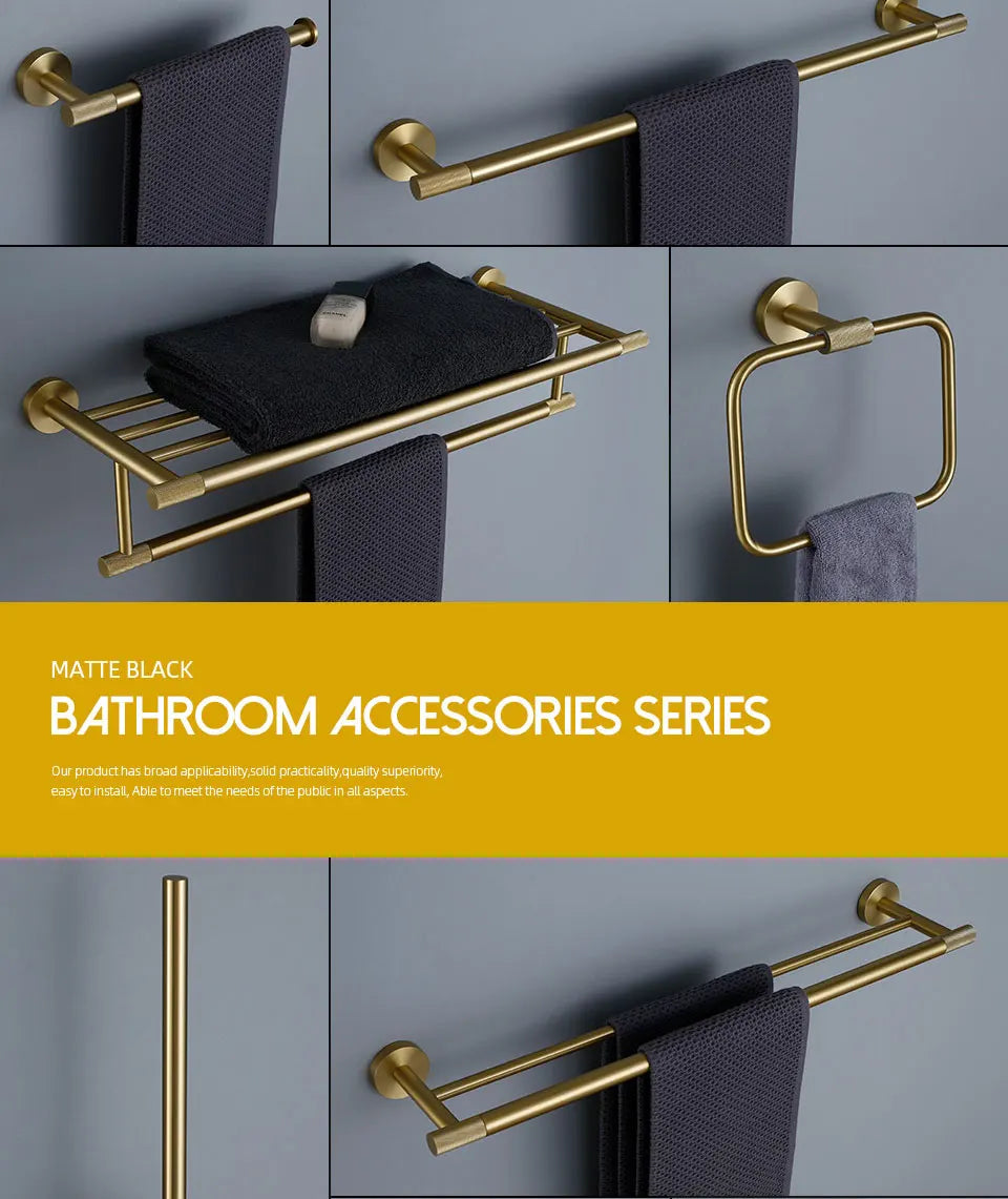 Bathroom Hardware Accessories Set Brushed Gold Knurled Brass Kit Towel Bar Ring Robe Hook Paper Holder Towel Ring Toilet Brush