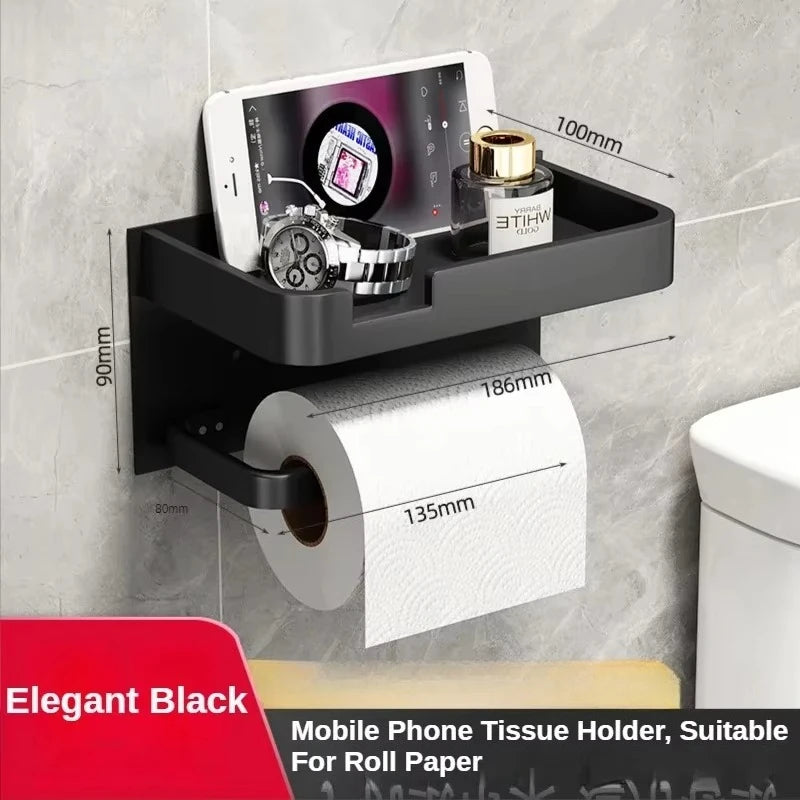 Black Gold Toilet Paper Holder Bathroom Wall Mount Multifunction WC Paper Phone Holder Shelf Towel Roll Shelf Accessories