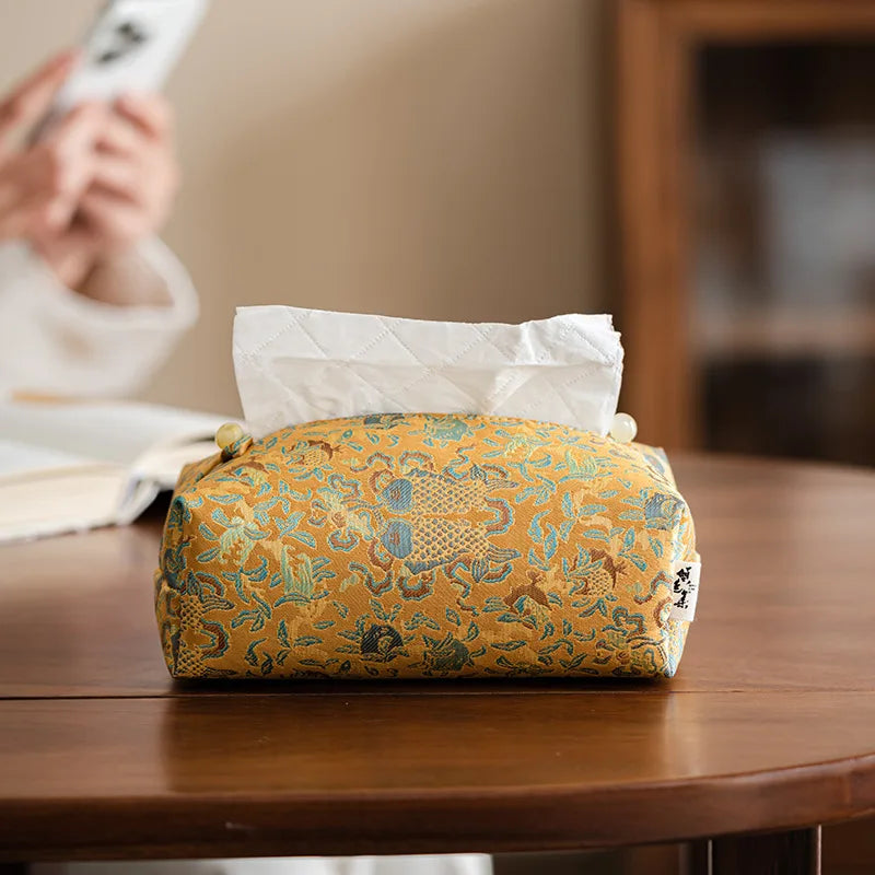 New Chinese Brocade Embroidery Fabric Tissue Box, Living Room Car Pumping Box, Tea Room Tissue Storage Box, Tissue Storage Bag