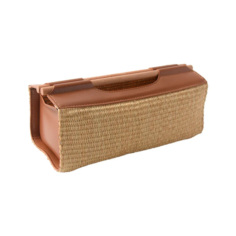Seagrass Leather Napkin Holder Handwoven Tissue Storage Box French Style Elegant Table Decor Home Organizer Straw Wicker Design