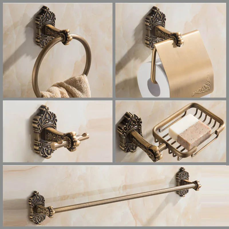 Antique Solid Aluminum Bathroom Hardware Set, Wall Mounted Towel Bar & Soap Basket & Toilet Paper Holder & Robe Hook
