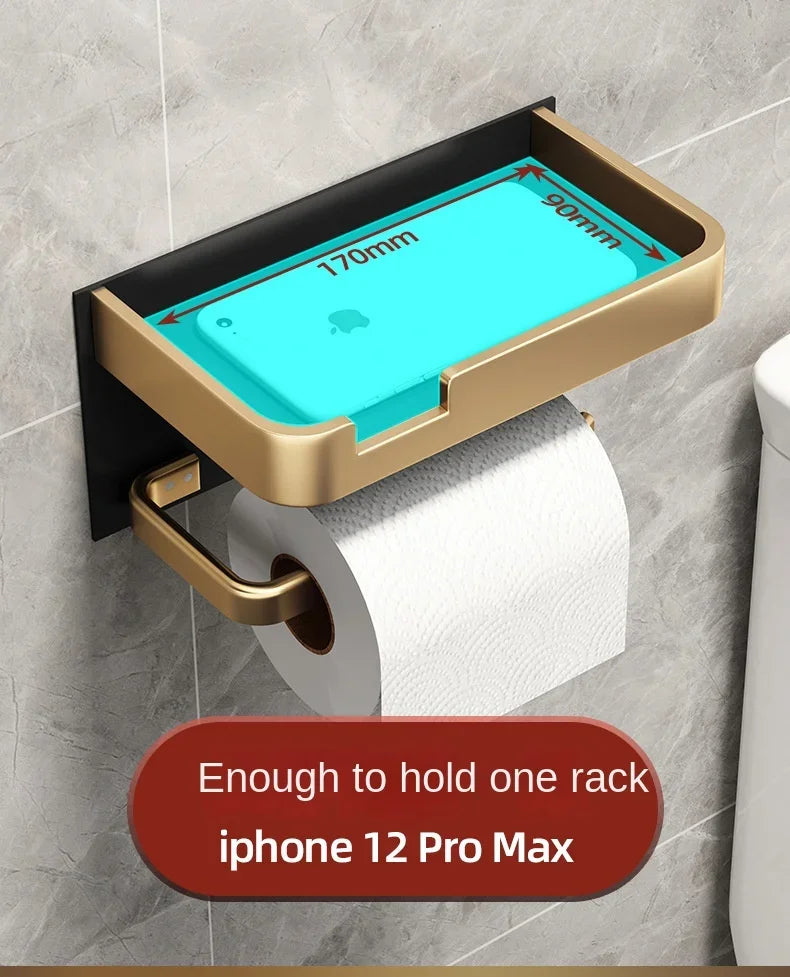 Black Gold Toilet Paper Holder Bathroom Wall Mount Multifunction WC Paper Phone Holder Shelf Towel Roll Shelf Accessories