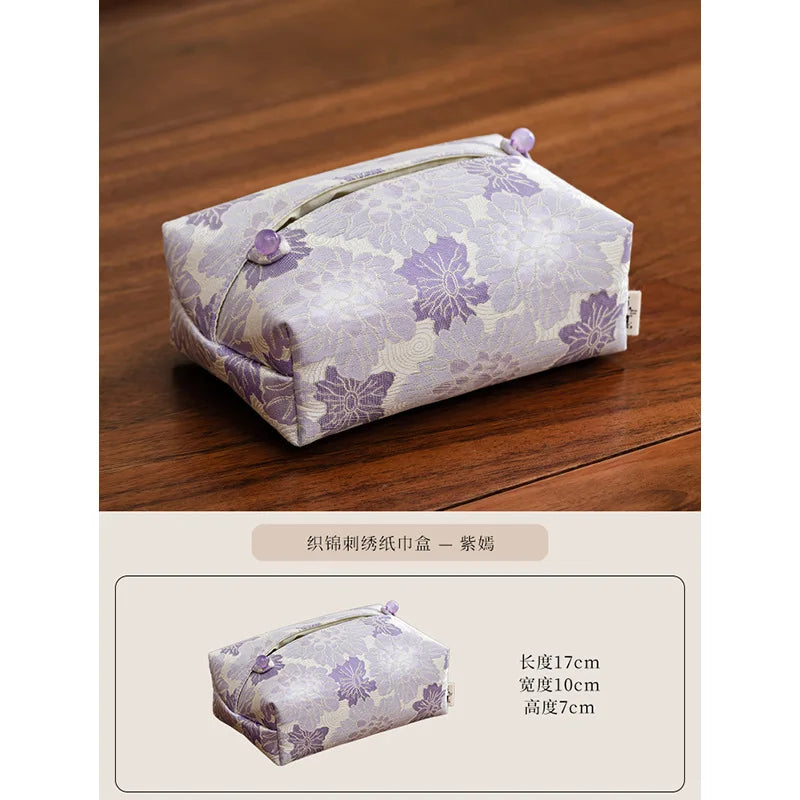 New Chinese Brocade Embroidery Fabric Tissue Box, Living Room Car Pumping Box, Tea Room Tissue Storage Box, Tissue Storage Bag