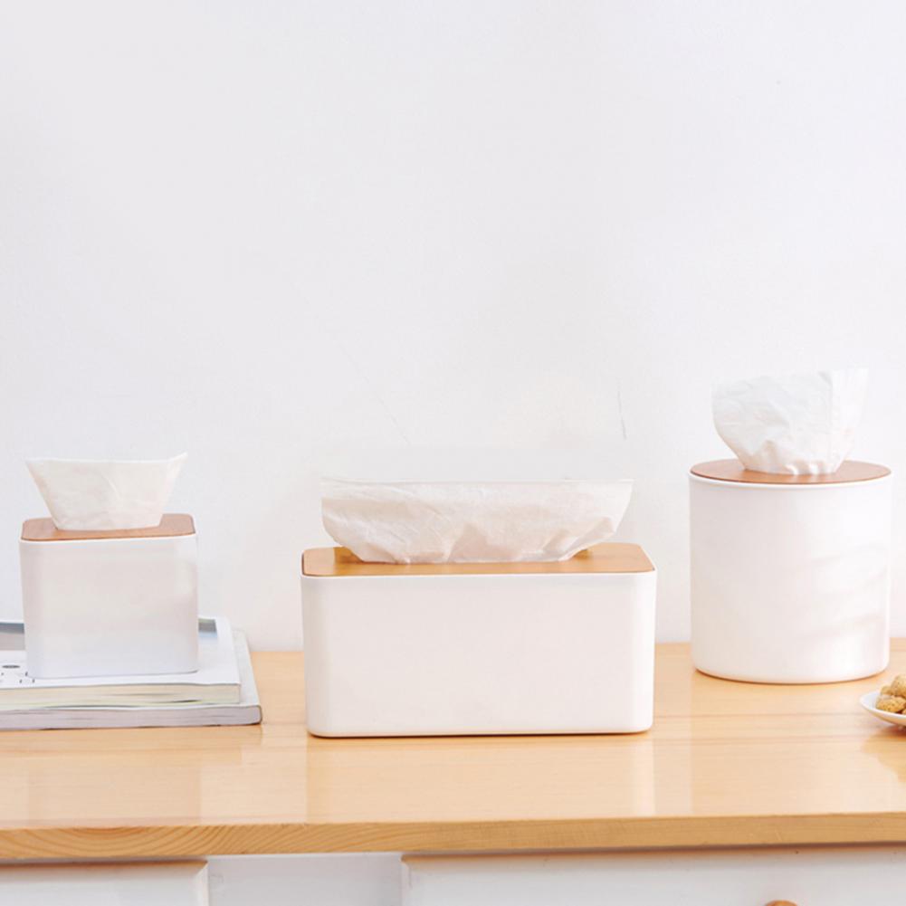 Plastic Tissue Box Wooden Lid Square Napkin Holder Container Wet Tissue Paper Dispenser Case Modern Home Car Organizer