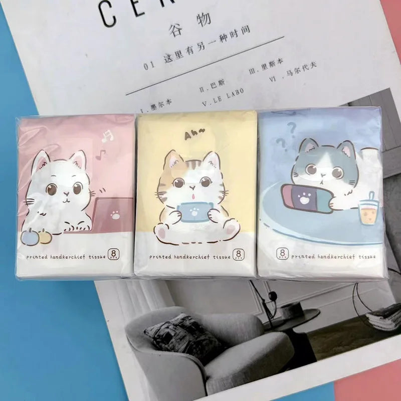 9pcs/pack Fashionable Lucky Cat Handkerchief Paper Student Portable Small Pack Cartoon Printed Hand Tissue For Daily Cleaning