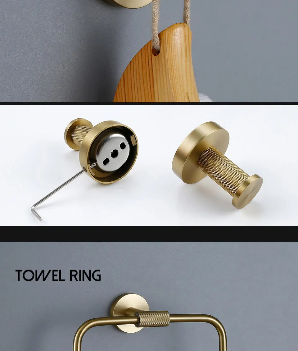 Bathroom Hardware Accessories Set Brushed Gold Knurled Brass Kit Towel Bar Ring Robe Hook Paper Holder Towel Ring Toilet Brush