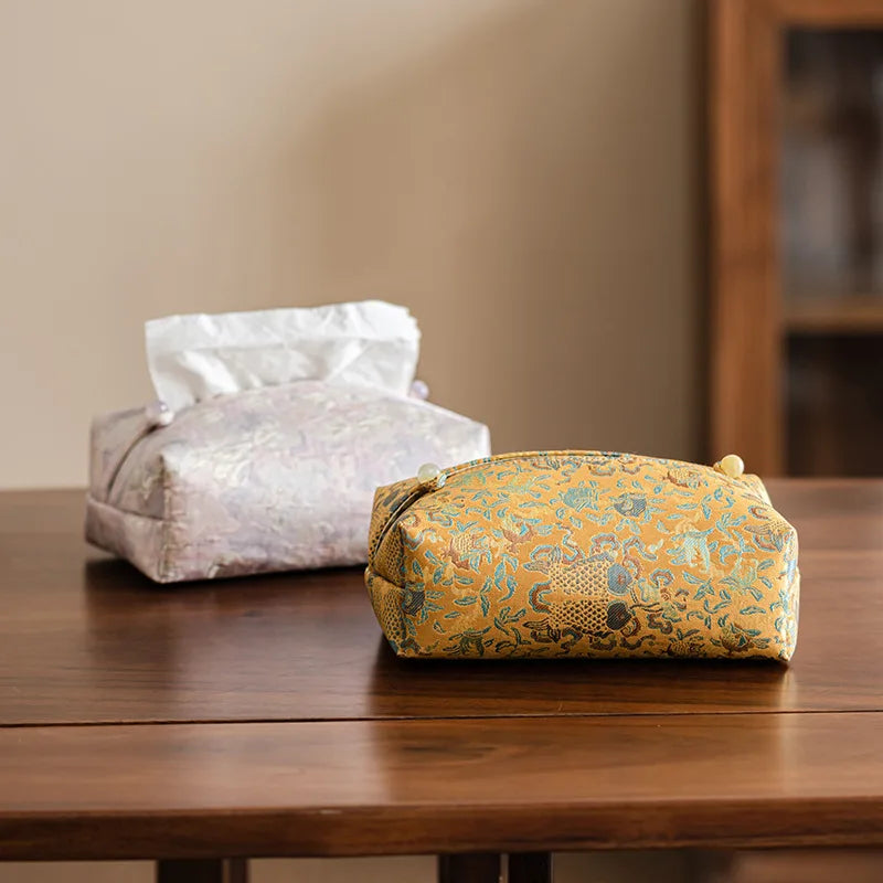 New Chinese Brocade Embroidery Fabric Tissue Box, Living Room Car Pumping Box, Tea Room Tissue Storage Box, Tissue Storage Bag