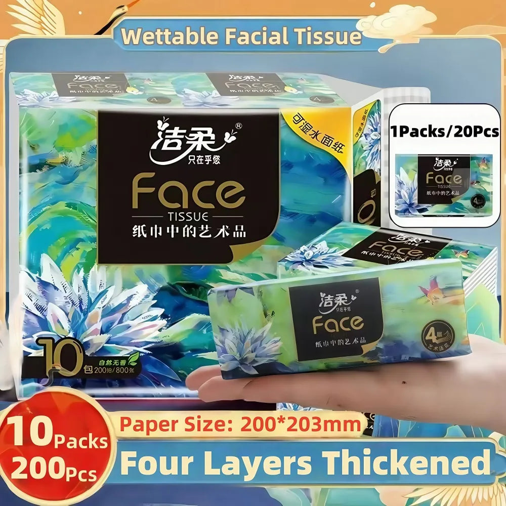 10 Packs 200Pcs/Pack Toilet Paper 4 Layers Thickened Wettable Facial Tissue Trip Napkins Handkerchiefs Disposable Tissue Paper