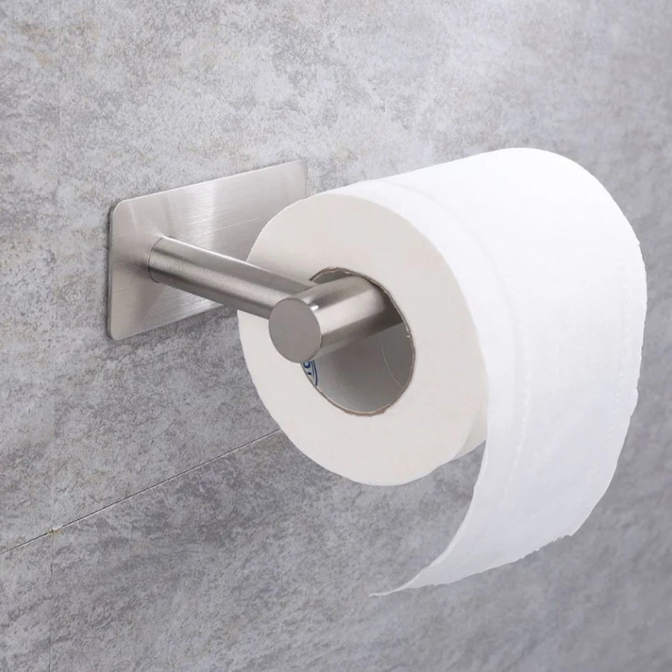 Stainless Steel Paper Holder White Adhesive Wall Mount Stand Kitchen Bathroom Toilet Paper Towel Tissue Roll Shelf Brushed Gold